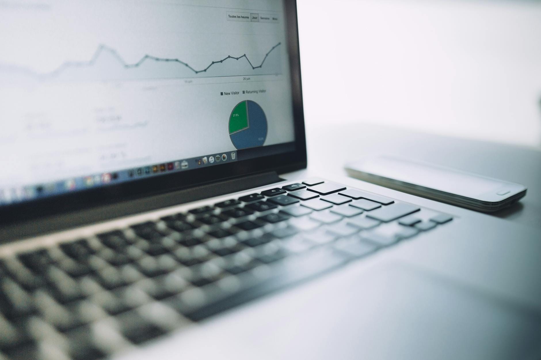 Laptop z panelem analitycznym pełnym wykresów i statystyk finansowych